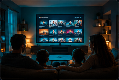 Family streaming TVNado IPTV on a smart TV at night