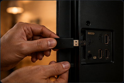 Plugging in a streaming stick to start a TVNado free trial